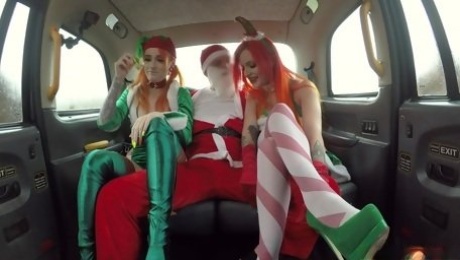 Sexy babes share Santa's dick in marvelous manners