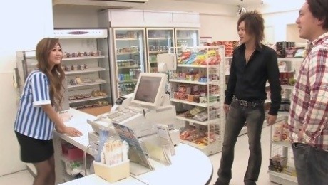 Beautiful Japanese store clerk gets fucked by 3 customers during opening hours